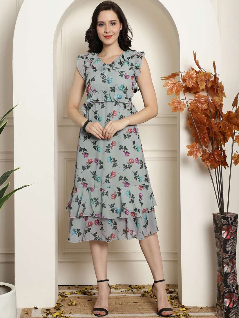 Grey frill floral midi dress cheap