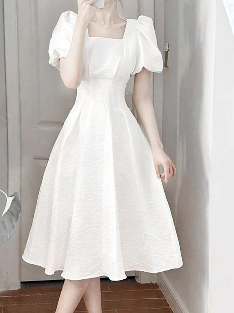 Buy LULU SKY White Self Design Square Neck Puff Sleeves Fit Flare Midi Dress Dresses for Women 25192364 Myntra