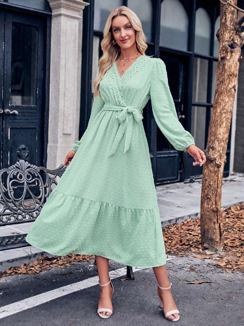 Buy StyleCast Green Self Design V Neck Belted A Line Midi Dress Dresses for Women 25204672 Myntra