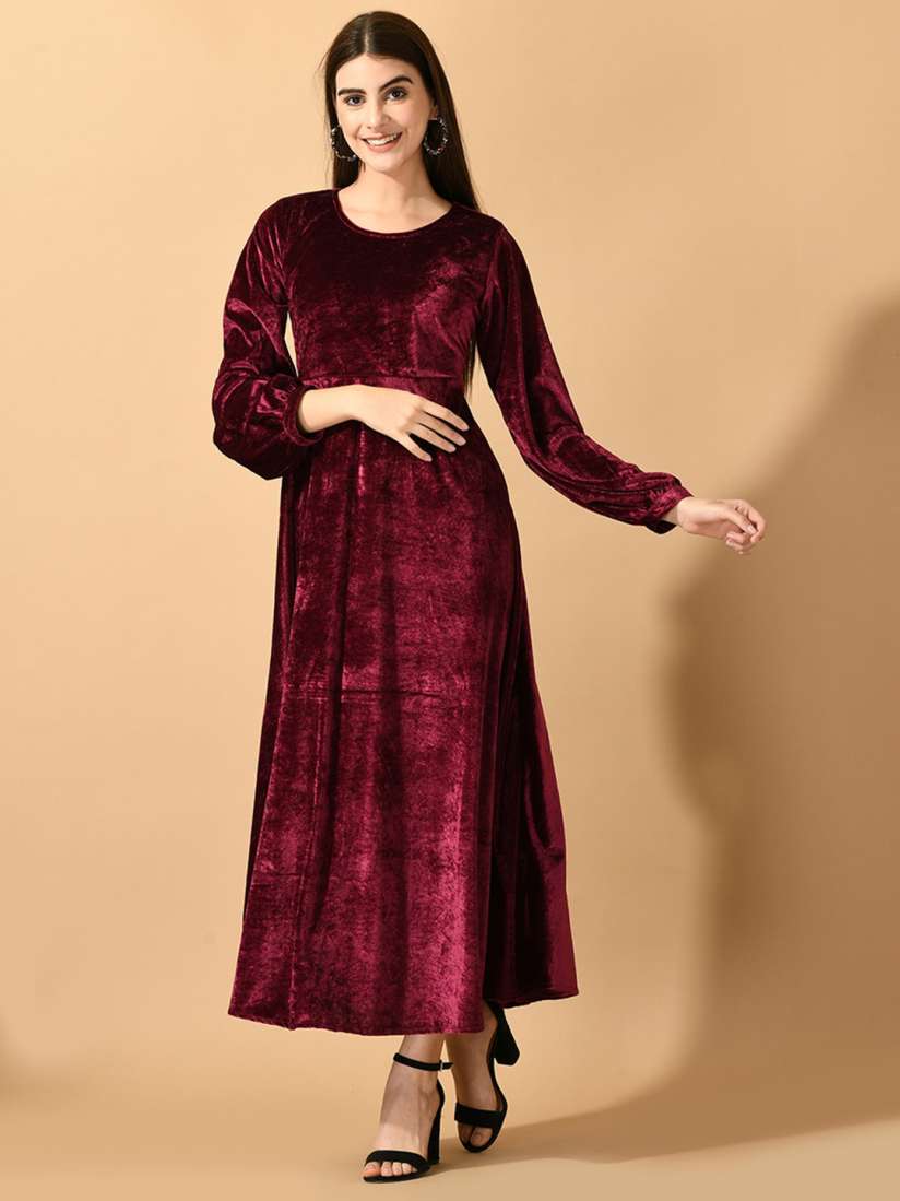 Buy Sangria Maroon Self Designed Puff Sleeves Fit Flared Midi Velvet Dress Dresses for Women 25227262 Myntra