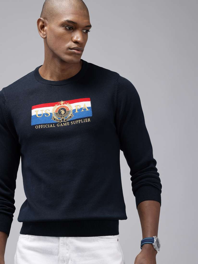 Buy U.S. Polo Assn. Brand Logo Self Designed Embroidered Round Neck Pure Cotton Pullover Sweaters for Men 25229248 Myntra