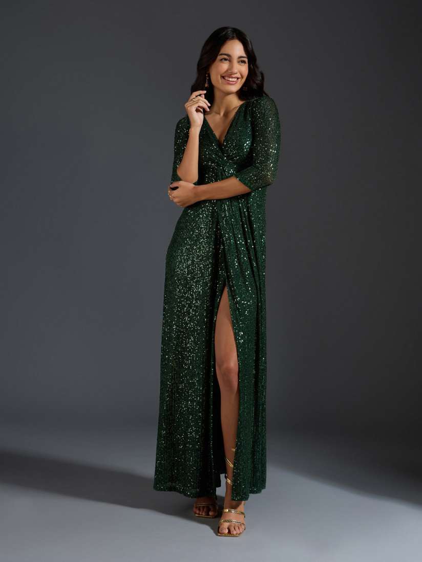 Buy 20Dresses Green Embellished V Neck Sequinned Maxi Dress Dresses for Women 25240564 Myntra