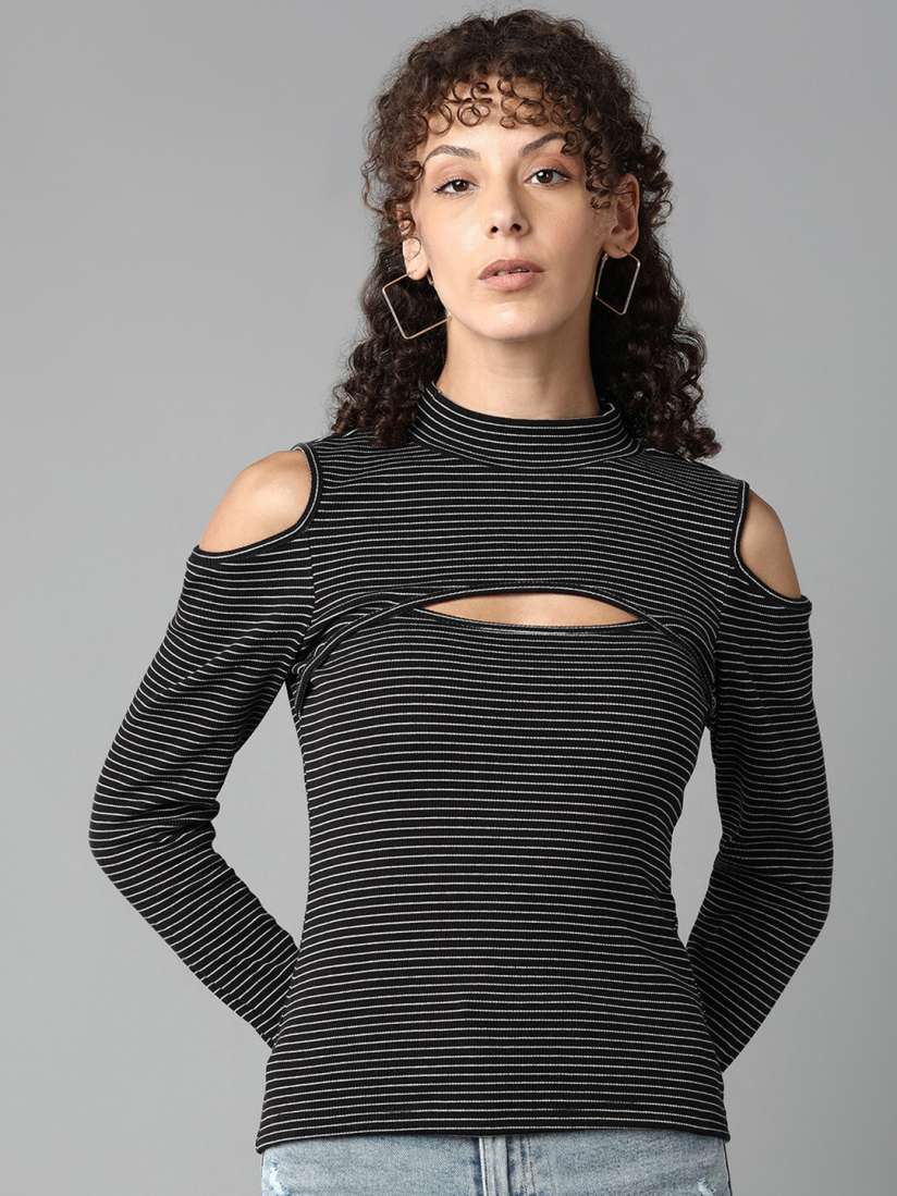 Buy Roadster Black Striped Cut Out Detail Cold Shoulders Fitted Top Tops for Women 25241154 Myntra