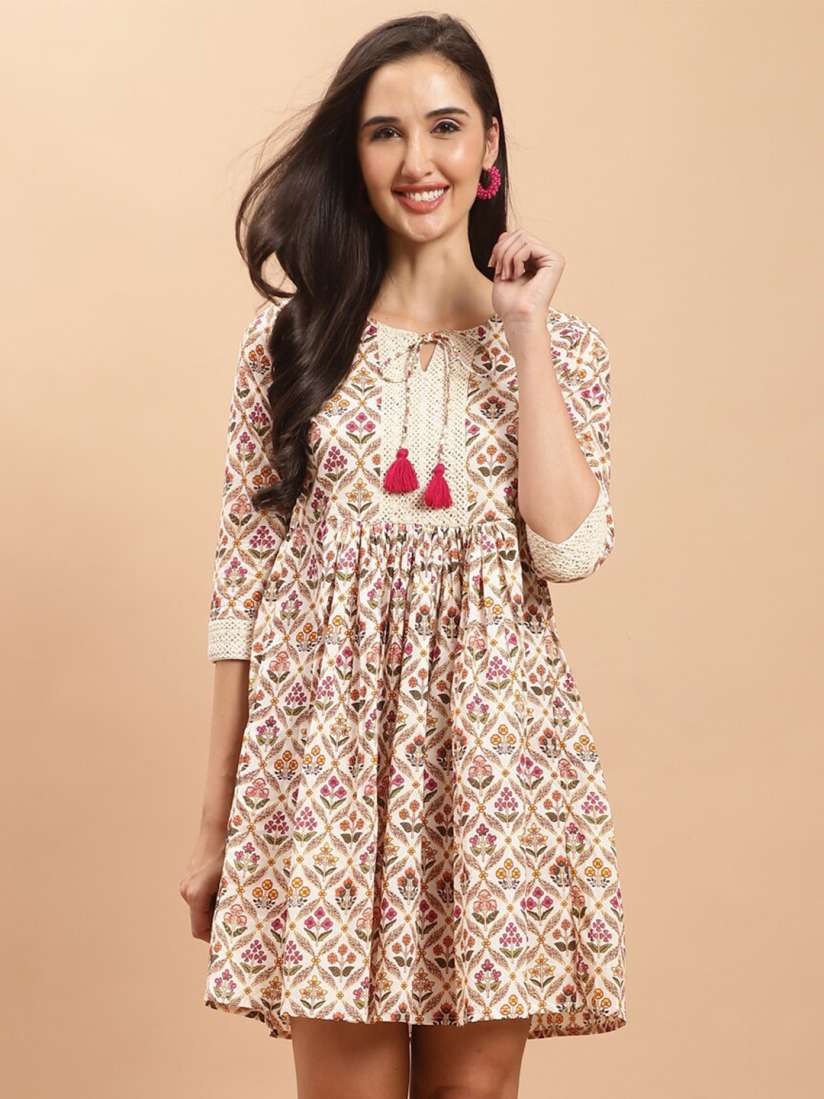 Roly Poly Ethnic Motifs Printed Pure Cotton A-Line Dress (XS) by Myntra