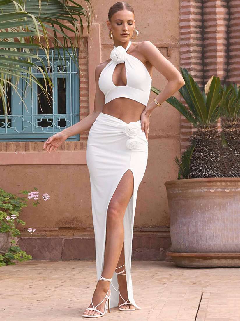 Buy LULU SKY Halter Neck Crop Top With Skirt Co Ords for Women 25270746 Myntra