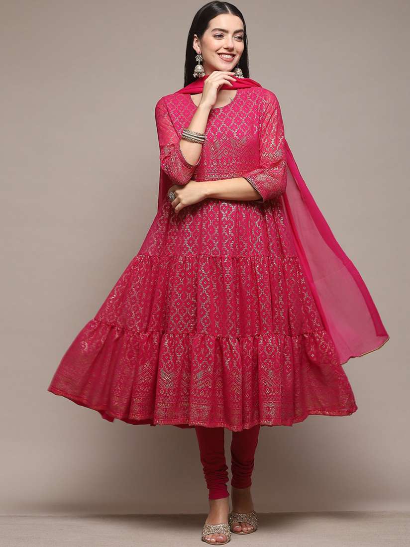 Buy Biba Ethnic Motifs Printed Tiered Anarkali Kurta Leggings With Dupatta Kurta Sets for Women 25274656 Myntra