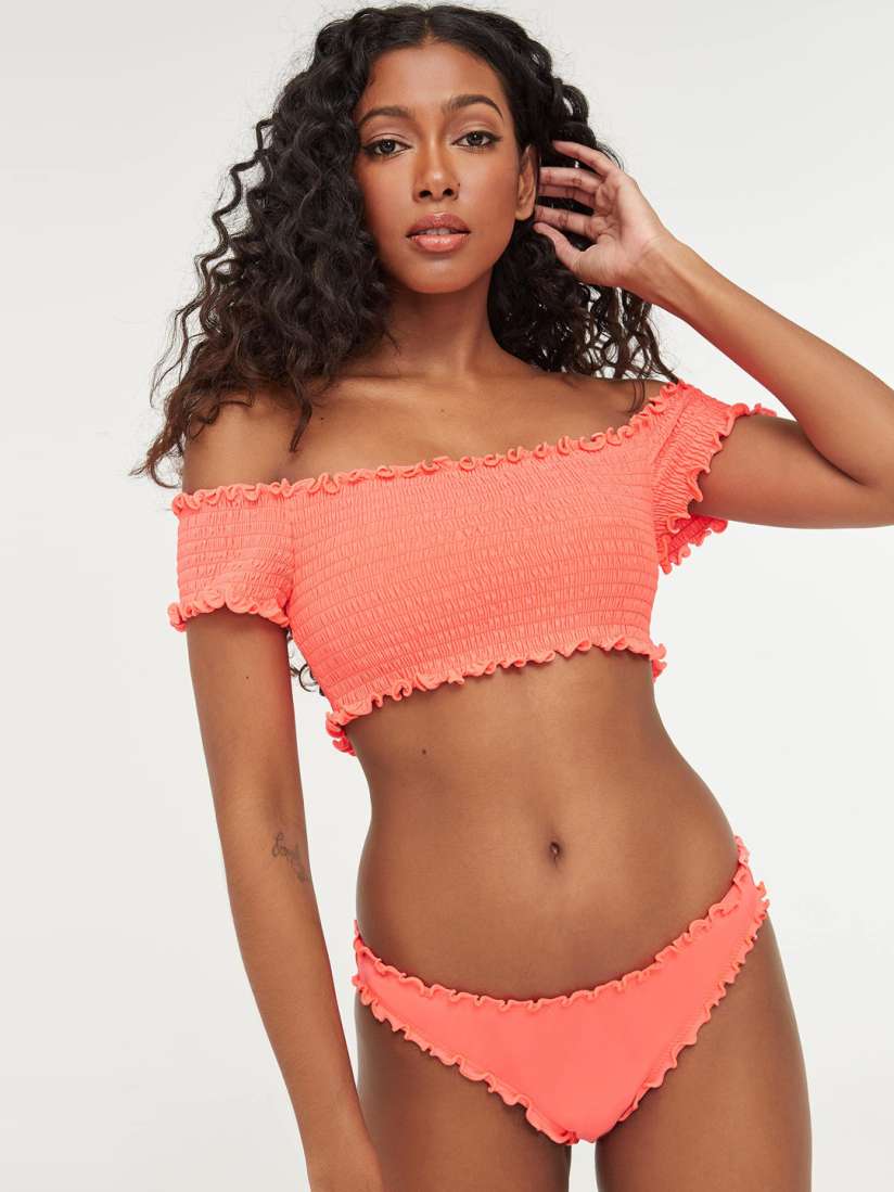 Smocked off the shoulder swim top top