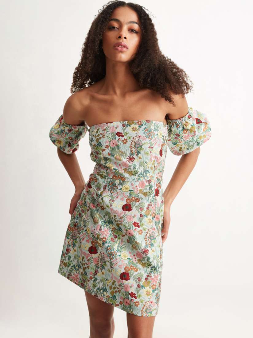 Buy COVER STORY Green Red Floral Printed Off Shoulder Puff Sleeve Jacquard A Line Dress Dresses for Women 25291118 Myntra