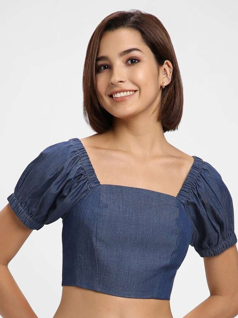 Buy FOREVER 21 Square Neck Puffed Sleeves Denim Crop Top Tops for Women 25297138 Myntra