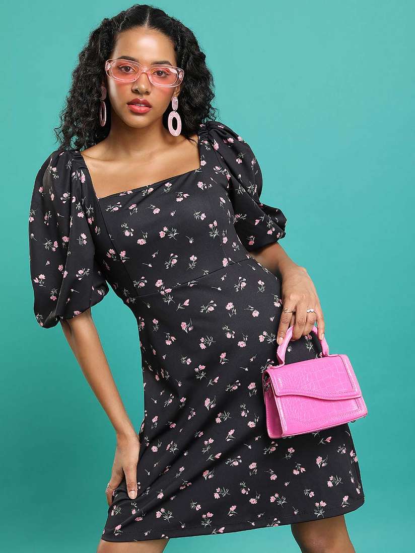 Tokyo Talkies Floral Printed Square Neck Puff Sleeves Fit Flare Dress