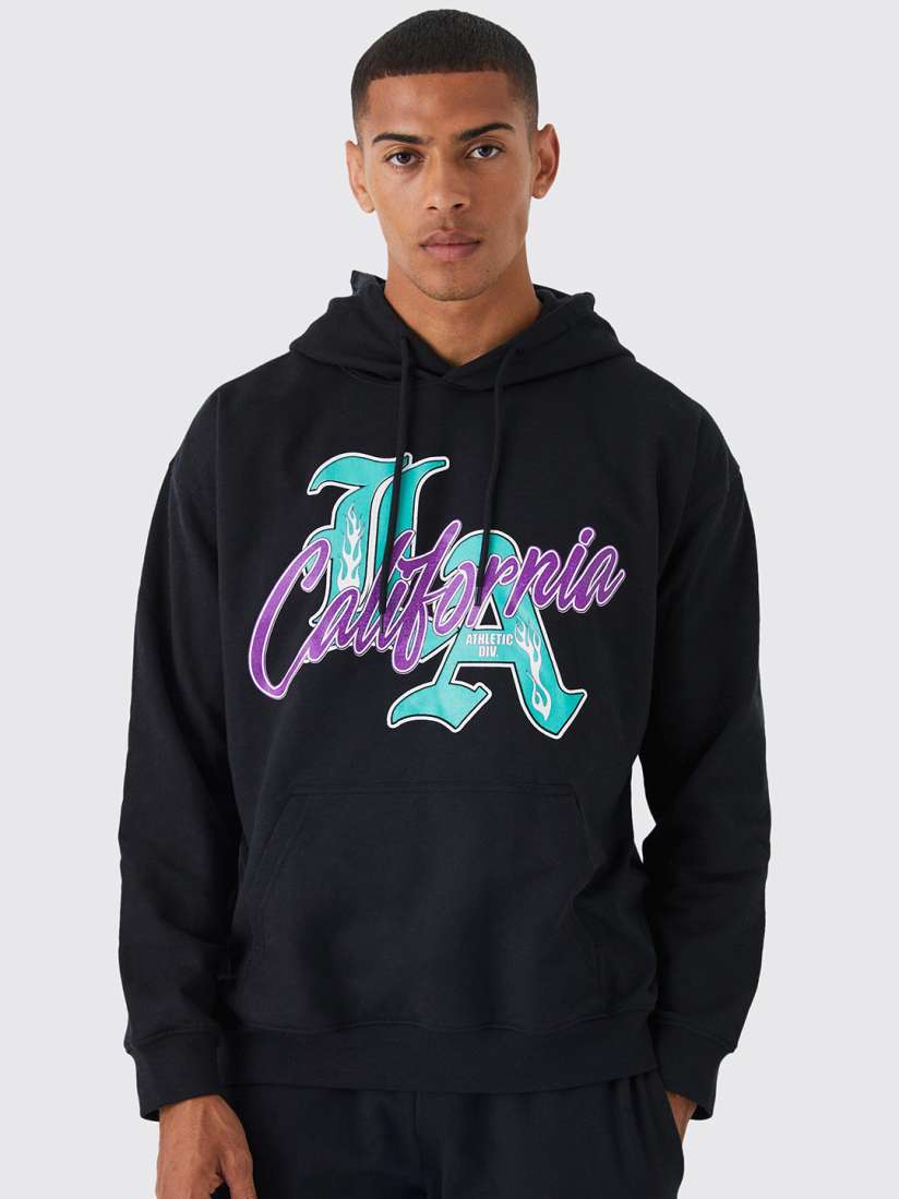 Buy boohooMAN Typography Printed Hooded Oversized Varsity Sweatshirt With Kangaroo Pocket Sweatshirts for Men 25320116 Myntra