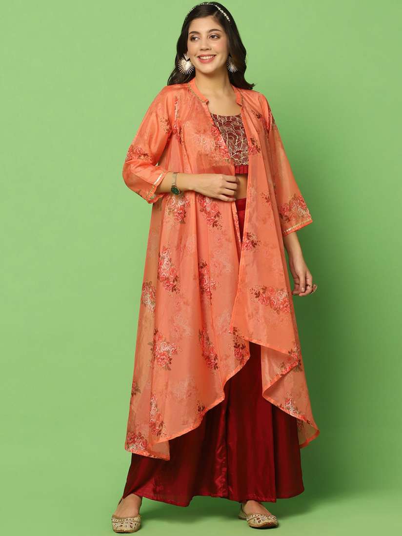 Buy FASHION DREAM Embroidered Crop Top With Palazzo And Floral Shrug Co Ords for Women 25323680 Myntra