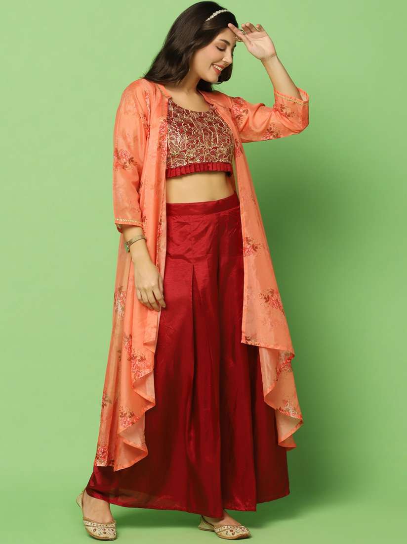 Buy FASHION DREAM Embroidered Crop Top With Palazzo And Floral Shrug Co Ords for Women 25323680 Myntra