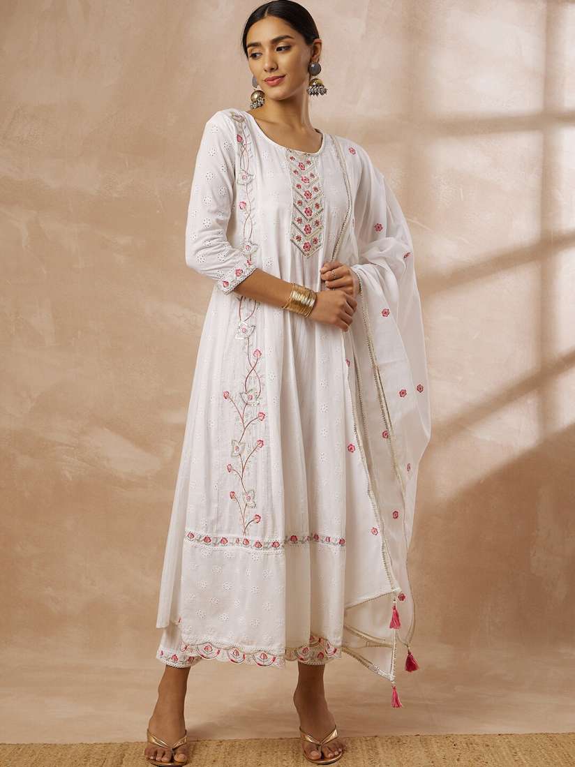 Buy Sangria Floral Embroidered Gota Patti Pure Cotton A Line Kurta Trousers With Dupatta Kurta Sets for Women 25324282 Myntra