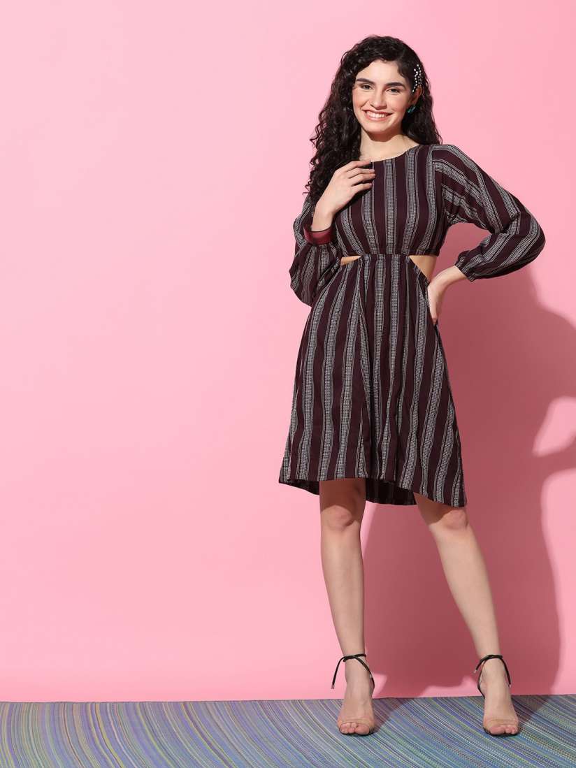 Buy FASHION DREAM Burgundy Striped Fit Flare Dress Dresses for Women 25328304 Myntra