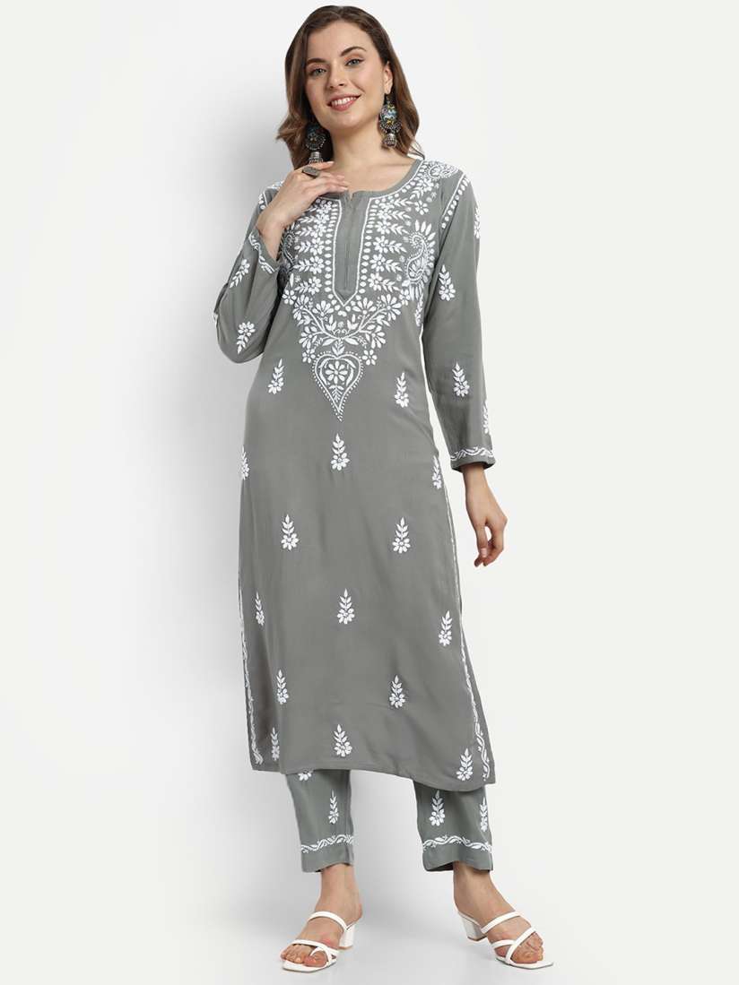 Buy ADA Ethnic Motifs Embroidered Lucknowi Chikankari Kurta with Trousers Kurta Sets for Women 25339972 Myntra