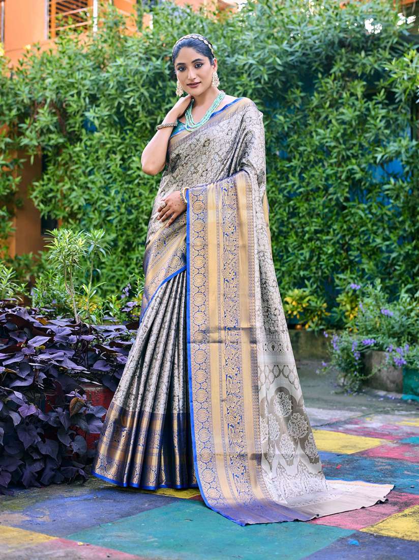 Buy Mitera Grey Blue Woven Design Zari Silk Blend Kanjeevaram Saree Sarees for Women 25348212 Myntra
