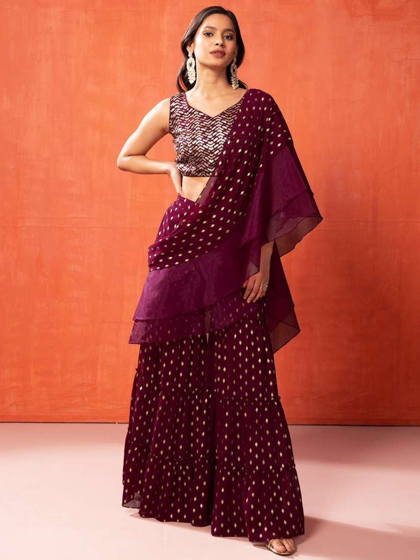 Buy INDYA Women Purple Printed Top with Sharara Attached Ruffled Dupatta Co Ords for Women 25350108 Myntra