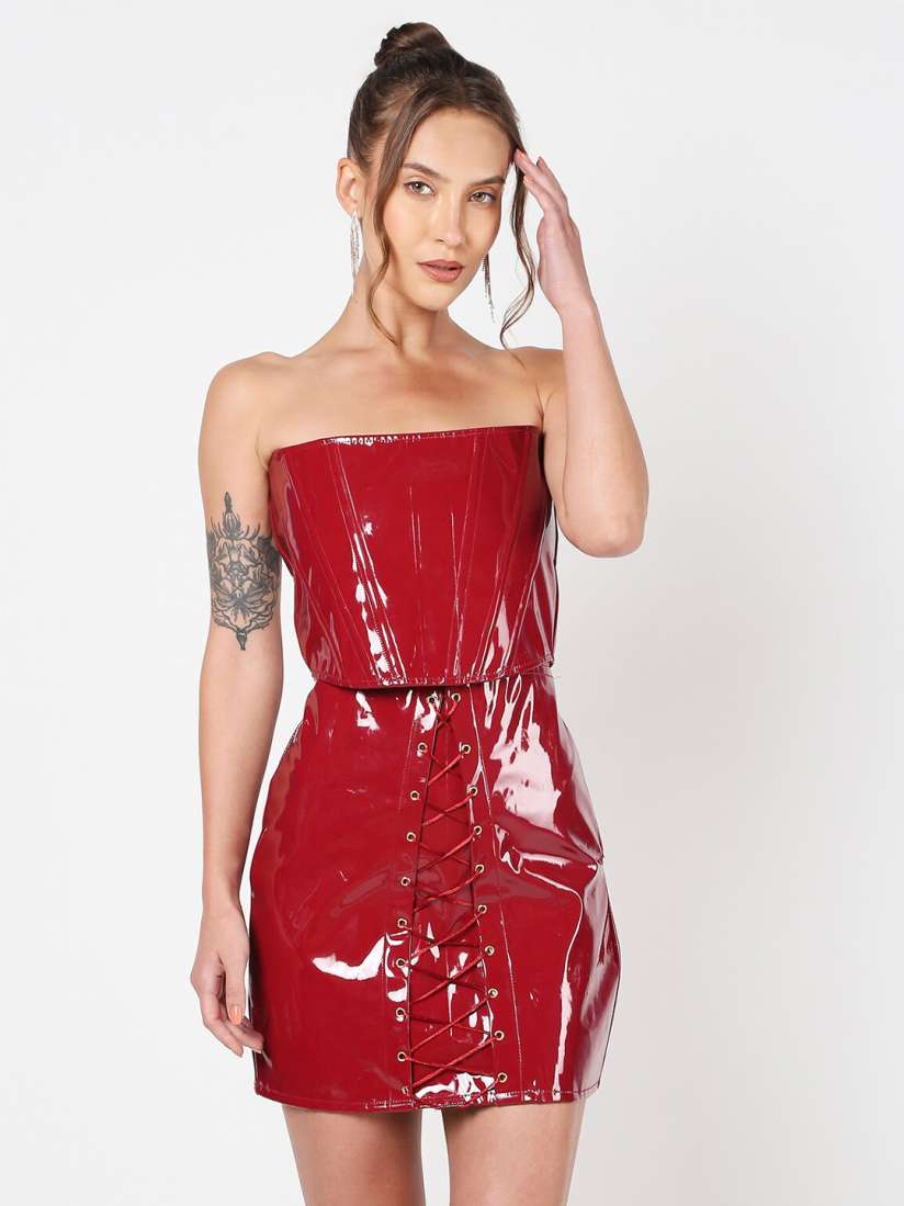 Buy LIYOKKI Leather Tube Top Mini Skirt Co Ords for Women 25366750 Myntra