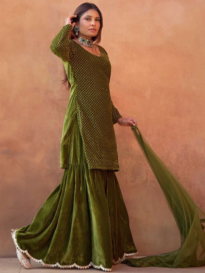 Buy Libas Embroidered Regular Sequinned Velvet Kurti with Sharara Dupatta Kurta Sets for Women 25372844 Myntra