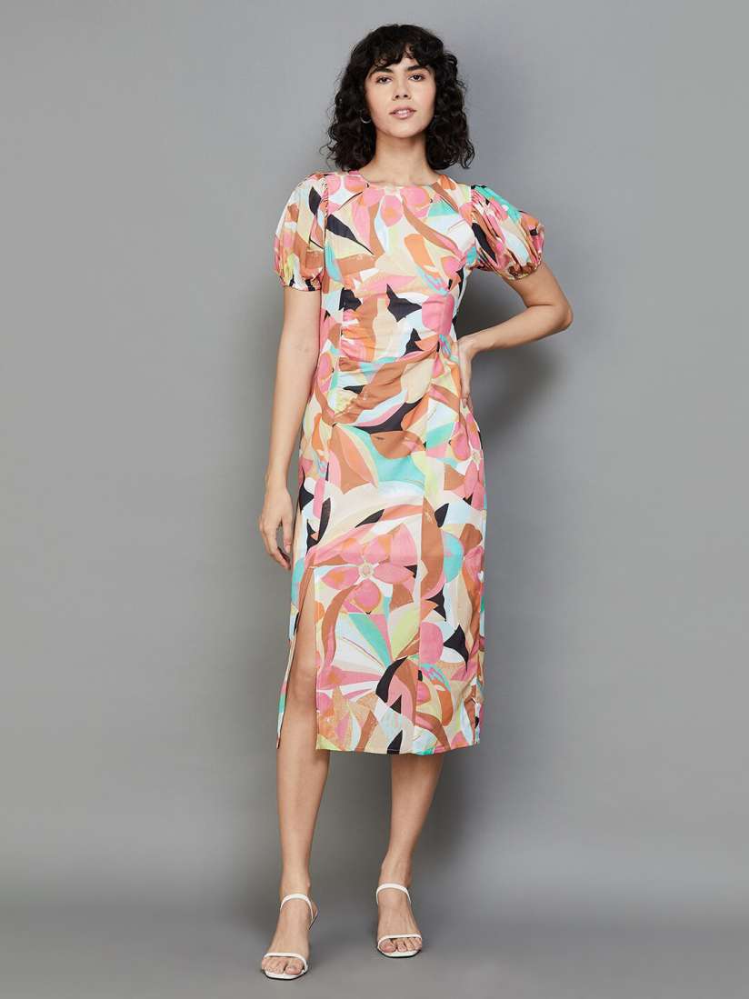 Buy Ginger by Lifestyle Abstract Printed Puff Sleeves Ruched Sheath Dress Dresses for Women 25375190 Myntra