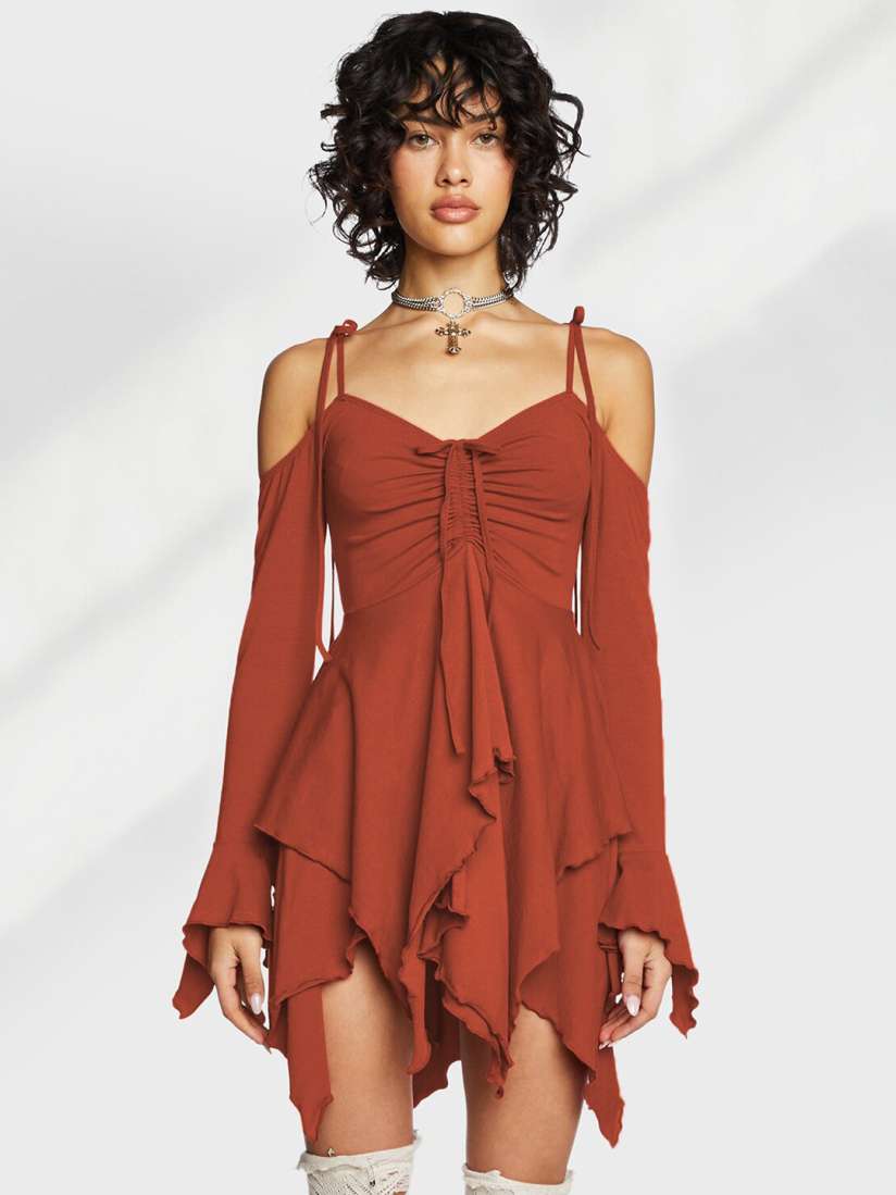 Buy StyleCast Red Shoulder Strap Neck Cold Shoulder Ruched Asymmetric Hem Fit Flare Dress Dresses for Women 25437746 Myntra