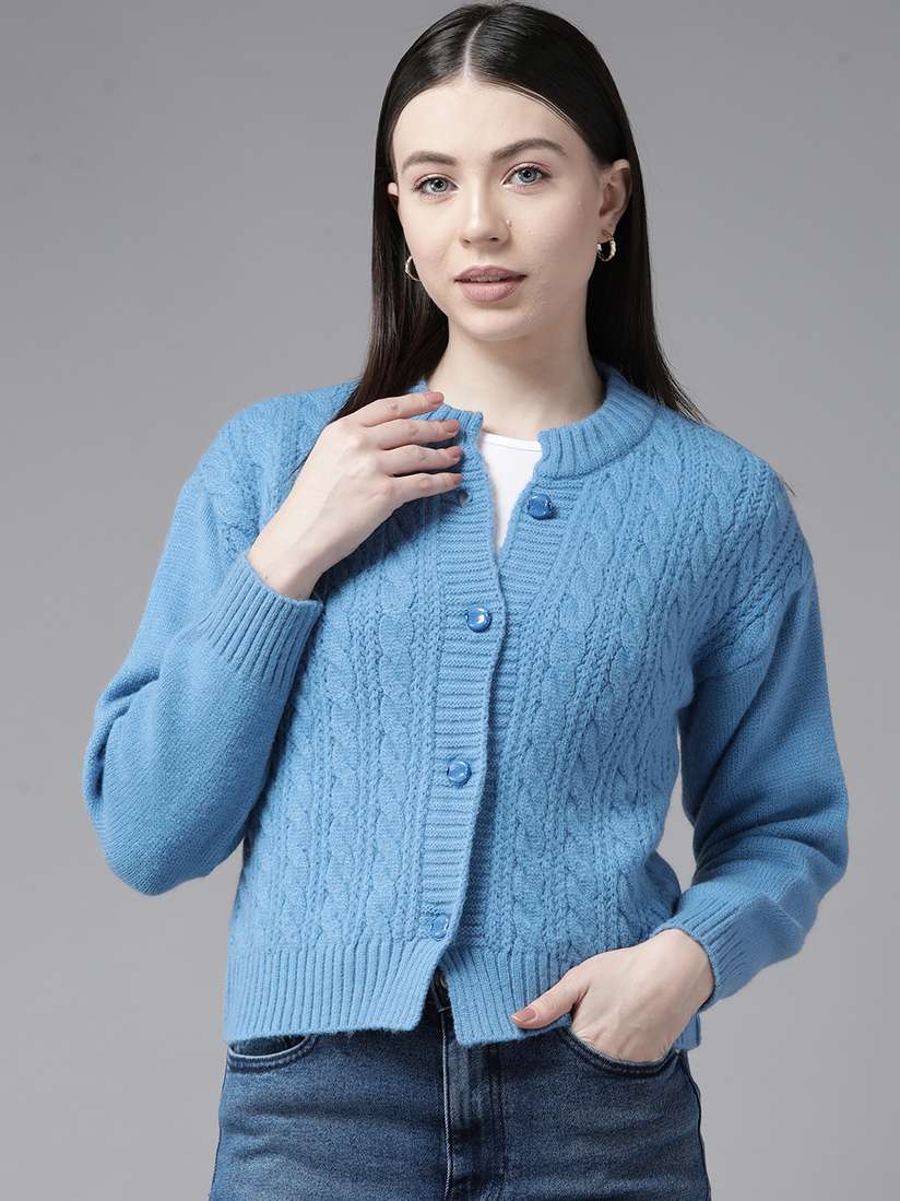 Ajio Blue Cotton Cardigan Long Sleeve Women's Light Blue