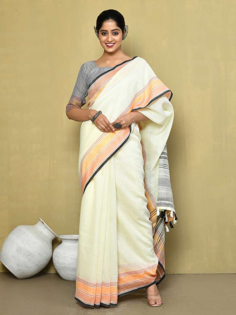 Buy elora Striped Border Pure Linen Saree Sarees for Women 25475462 Myntra