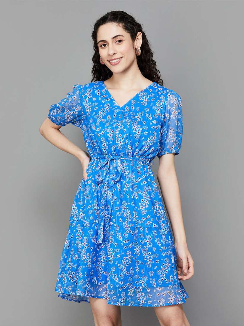 Buy Fame Forever by Lifestyle Floral Printed Puff Sleeve Tie Up Fit Flare Dress Dresses for Women 25482490 Myntra