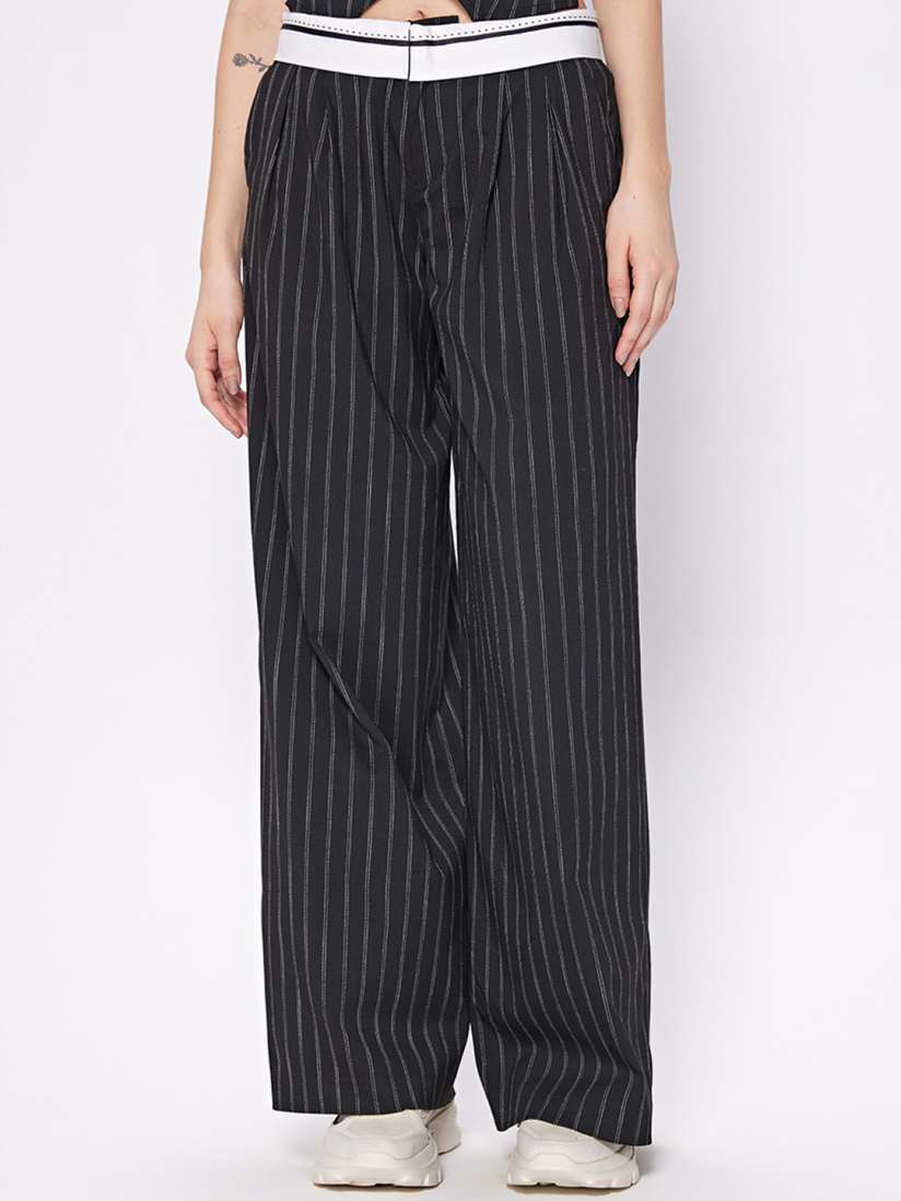 Buy COVER STORY Women Black Striped Loose Fit Mid Rise Parallel Trouser Trousers for Women 25482922 Myntra
