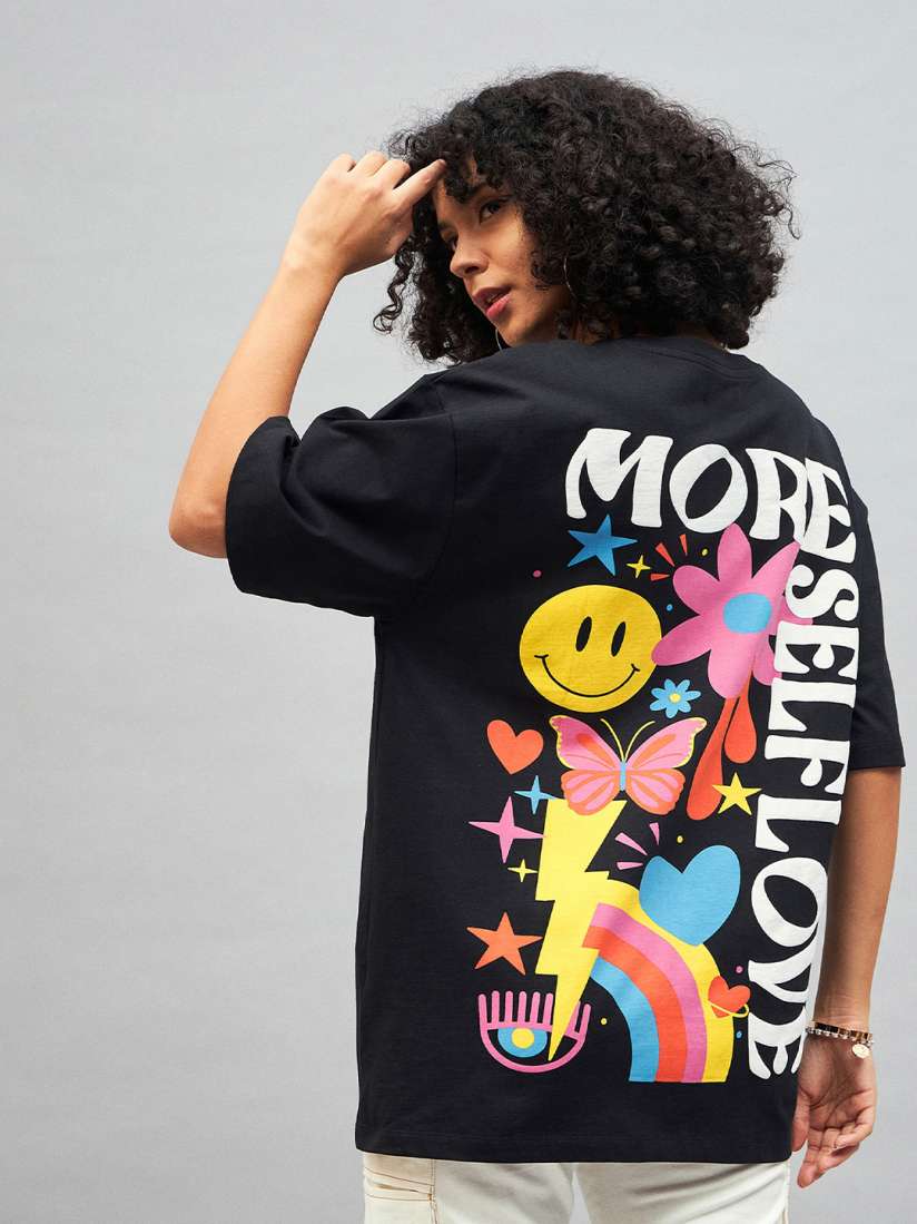 Buy SASSAFRAS More Self Love Printed Drop Shoulder Oversized Pure Cotton T shirt Tshirts for Women 25483870 Myntra