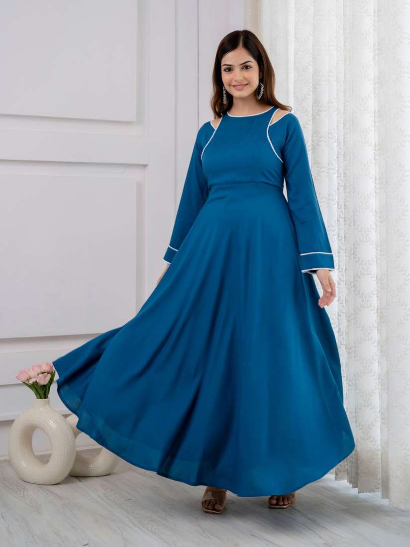 Buy PURSHOTTAM WALA Round Neck Cold Shoulder Sleeves Long Sleeve Fit flare Maxi Ethnic Dress Ethnic Dresses for Women 25488568 Myntra