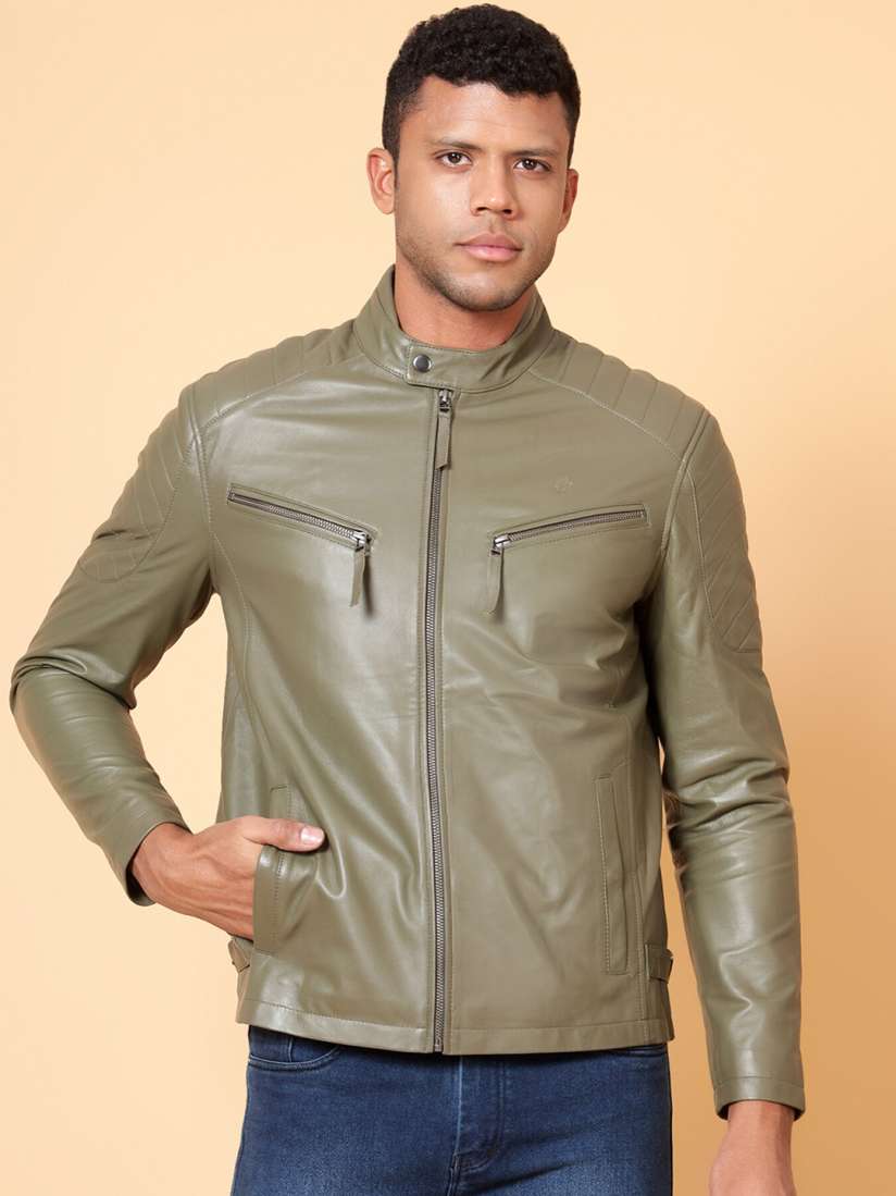 Buy Tortoise Mandarin Collar Leather Lightweight Biker Jacket Jackets for Men 25505326 Myntra