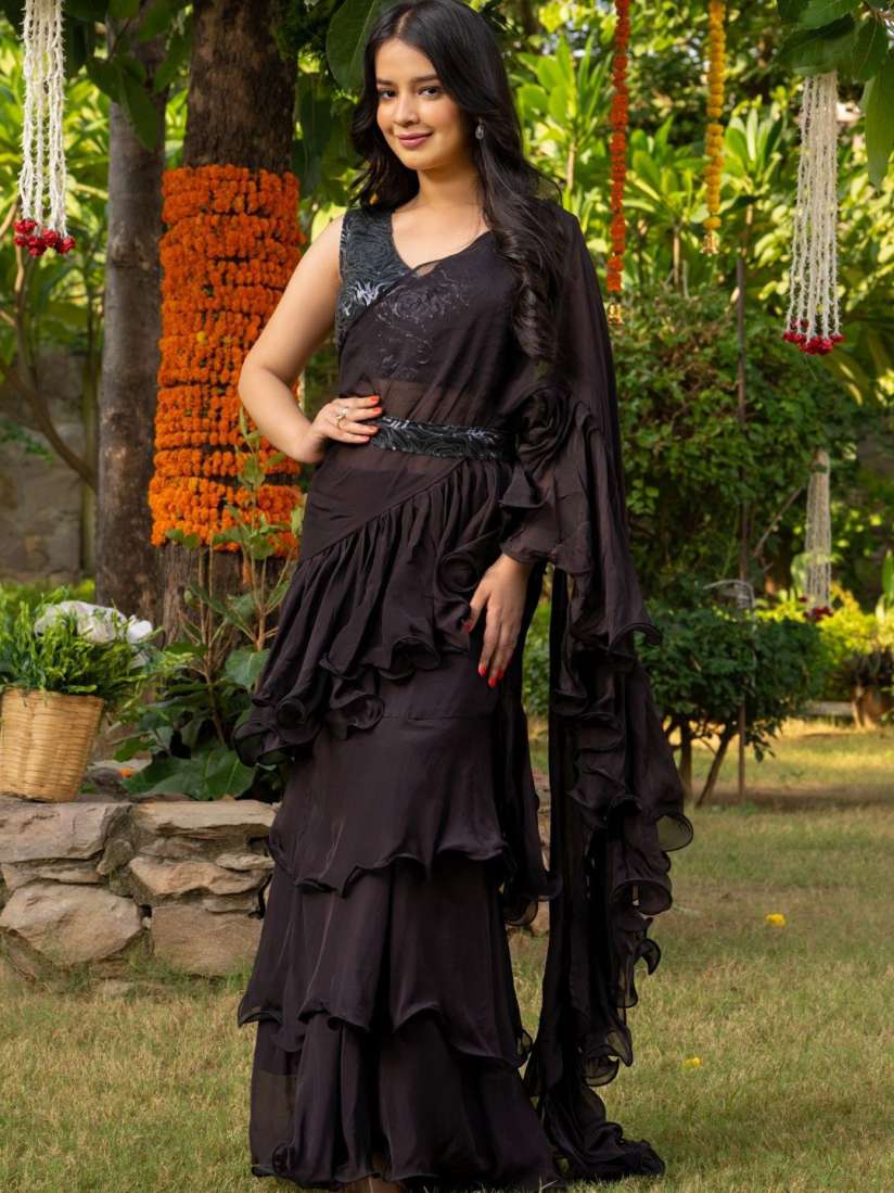 Buy HOUSE OF JAMOTI Sequinned Pure Georgette Ruffle Saree Sarees for Women 25520882 Myntra