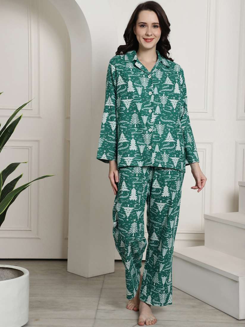 Buy Secret Wish Geometric Printed Lapel Collar Flannel Cotton Night suit Night suits for Women 25537574 Myntra