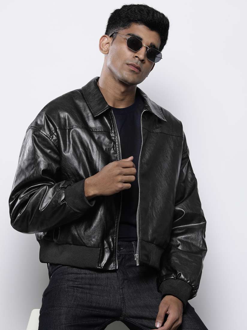 Buy boohooMAN Boxy Faux Leather Collared Bomber Jacket Jackets for Men 25562412 Myntra