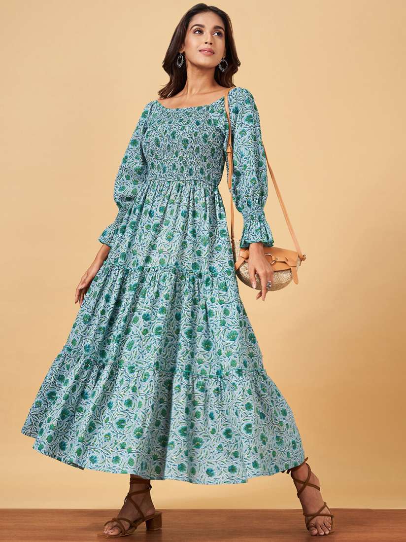 Buy YU by Pantaloons Floral Printed Puff Sleeve Pure Cotton Fit Flare Maxi Ethnic Dresses Ethnic Dresses for Women 25563874 Myntra