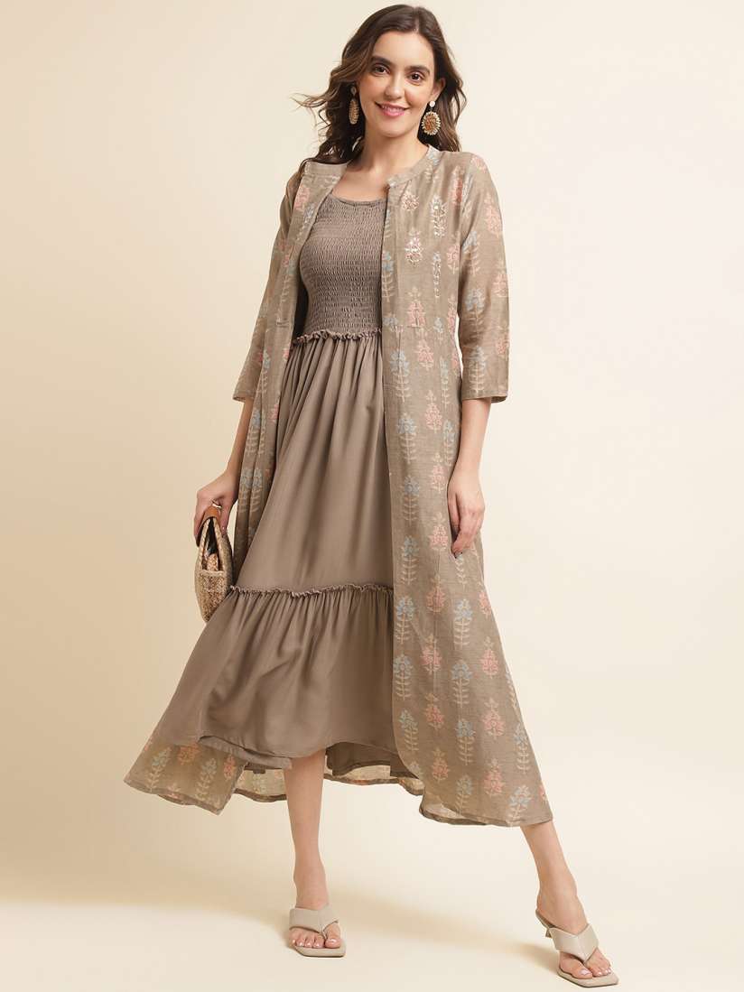 Buy Sangria Shoulder Straps Smocked Cotton A Line Midi Dress With Shrug Dresses for Women 25588784 Myntra