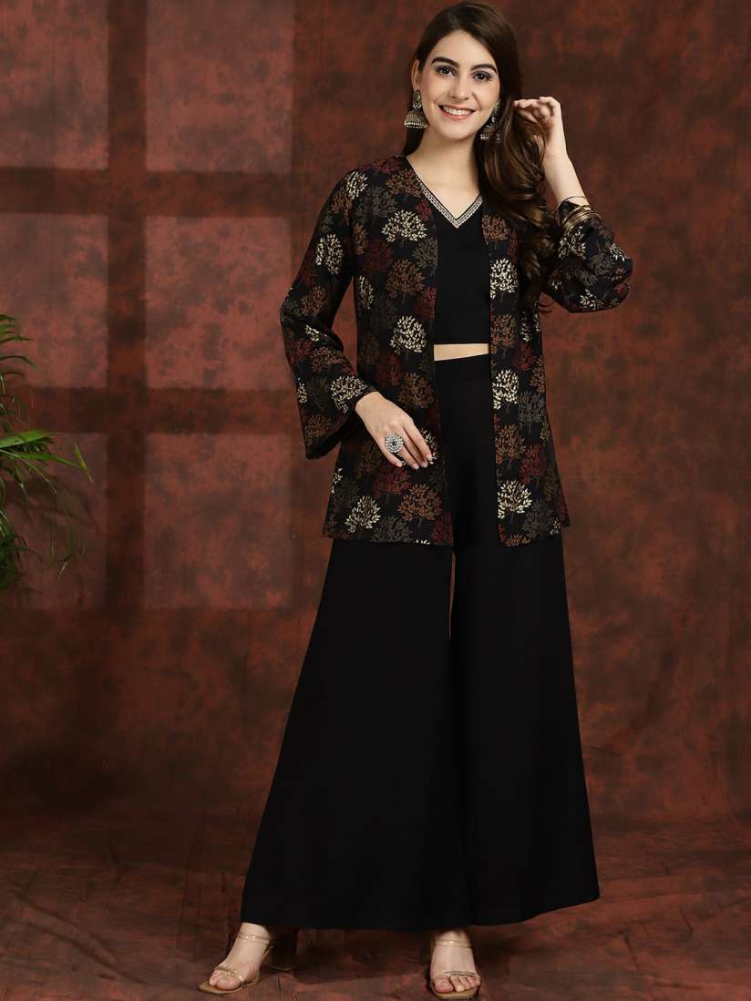 Buy Claura Black V Neck Ethnic Top with Palazzo Jacket Co Ords for Women 25599942 Myntra