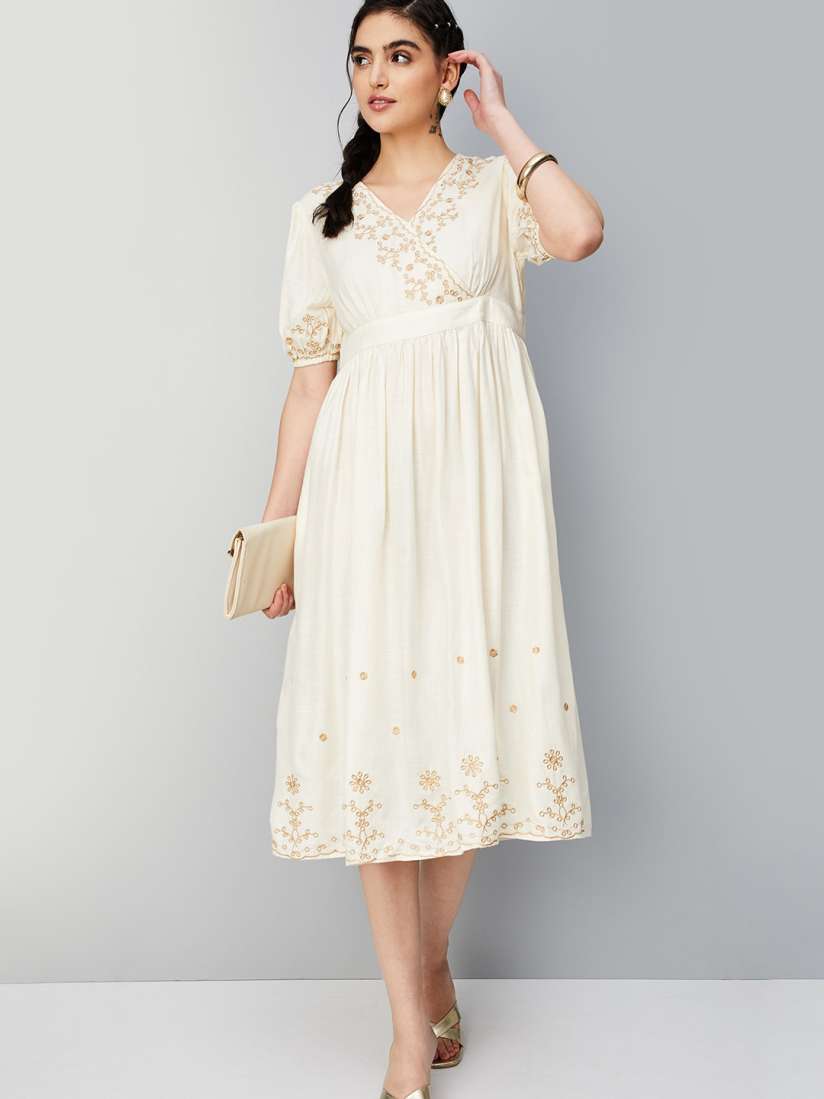 Buy max Ethnic Motifs Embroidered V Neck Puff Sleeves Gathered Fit Flare Ethnic Midi Dress Ethnic Dresses for Women 25608338 Myntra