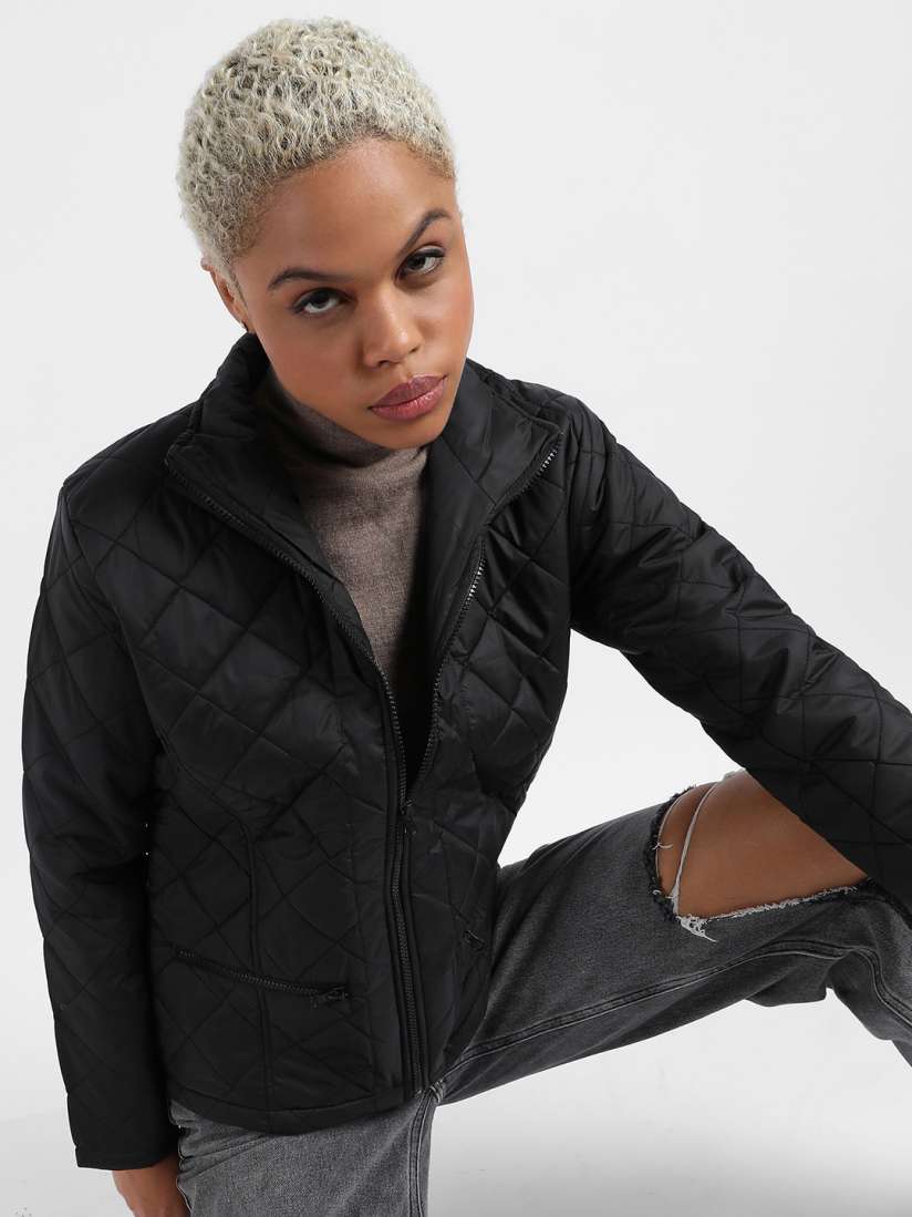 Buy Campus Sutra Black Windcheater Mock Collar Quilted Jacket Jackets for Women 25614498 Myntra