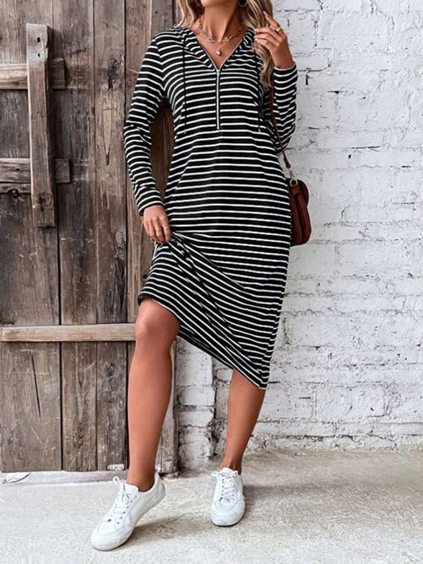 Buy StyleCast Black Striped Long Sleeves Hooded T shirt Midi Dress Dresses for Women 25630614 Myntra