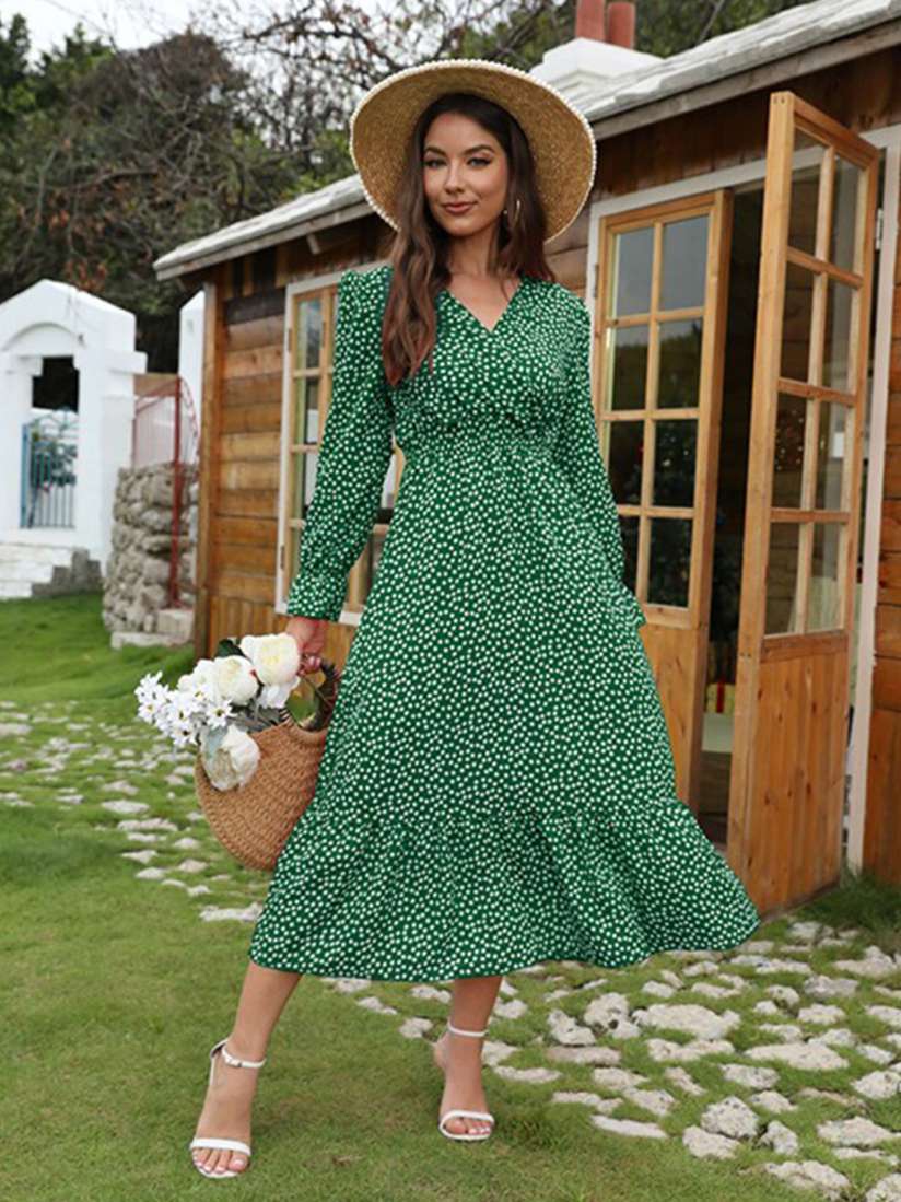 Green polka dot midi dress shop