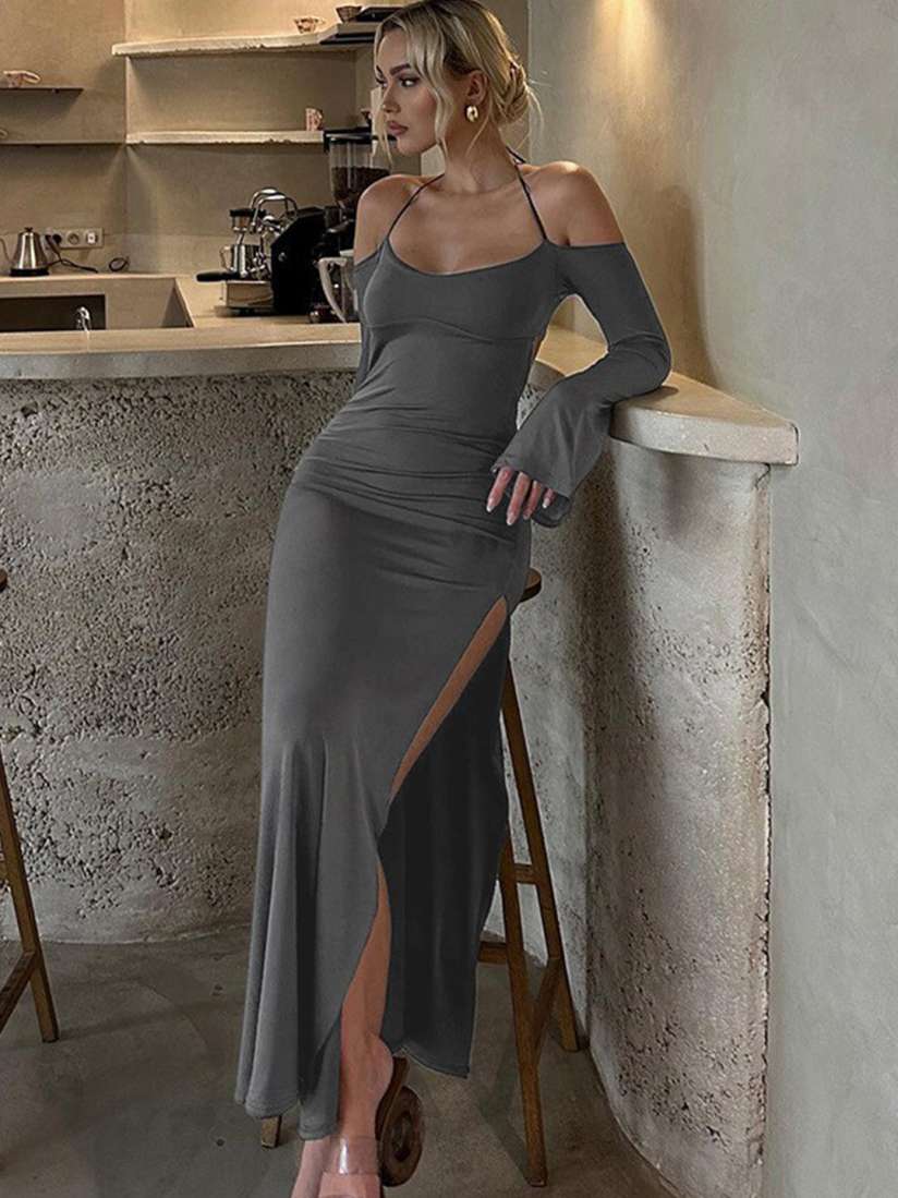 Grey halter neck maxi dress hot sale
