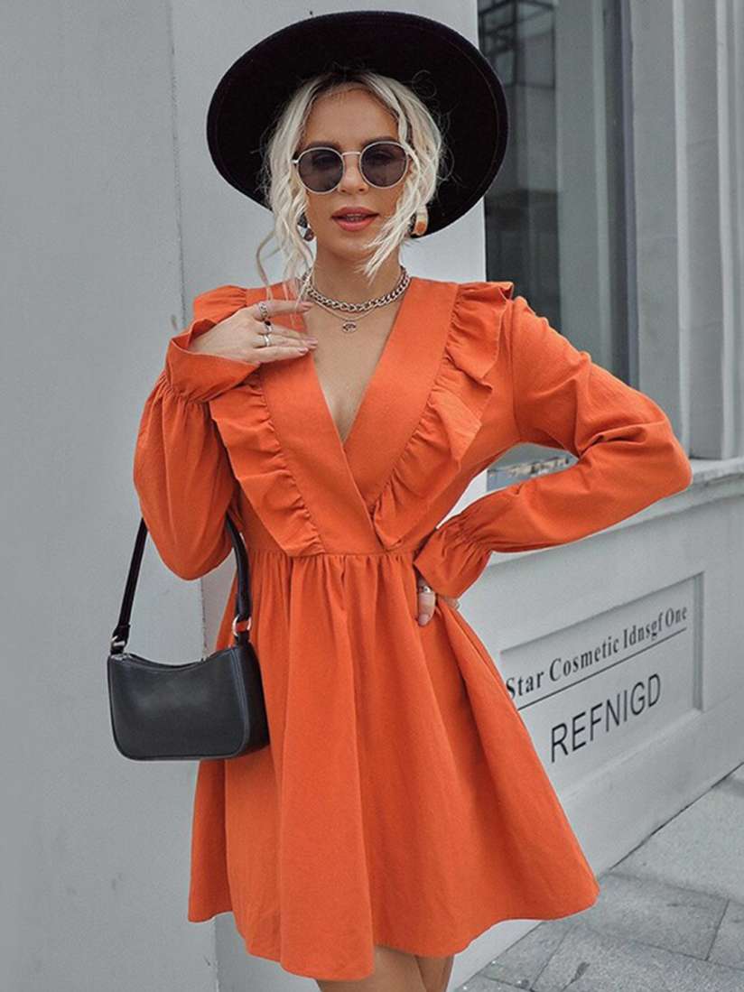 Orange puff sleeve dress cheap