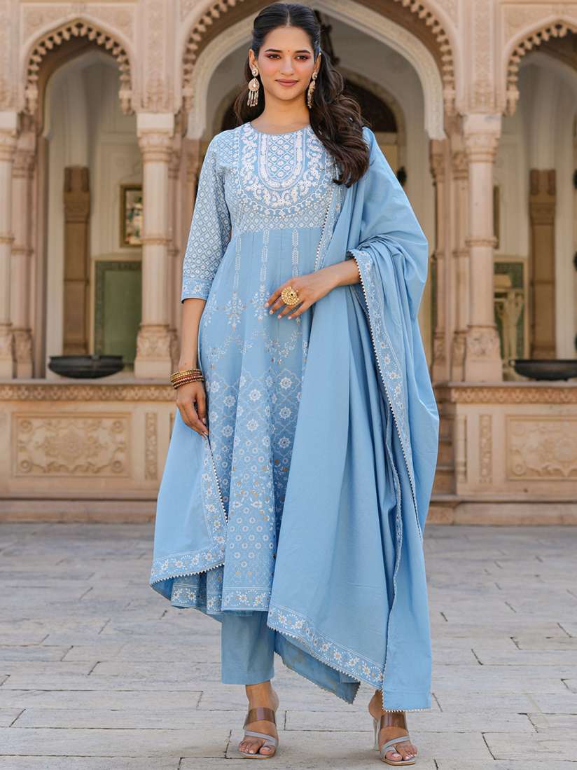 Buy EverBloom Ethnic Motifs Yoke Design Pure Cotton Anarkali Kurta with Trousers Dupatta Kurta Sets for Women 25639712 Myntra