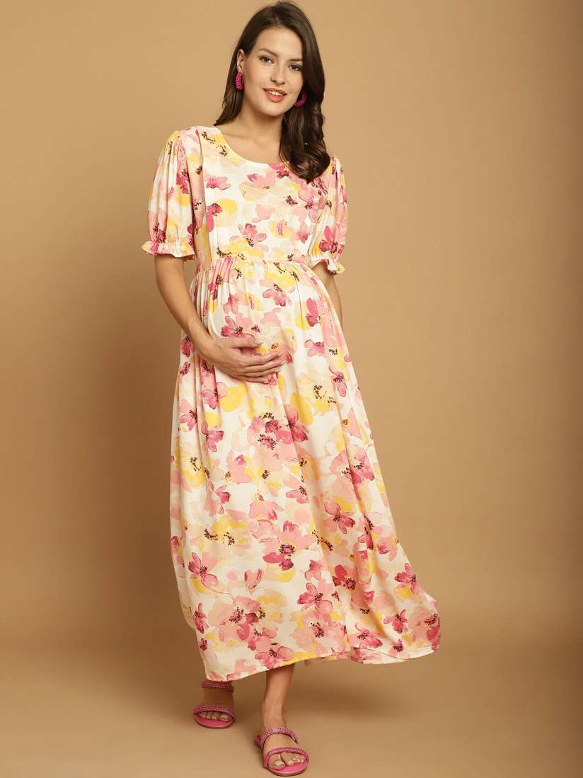 Buy Secret Wish Floral Print Puff Sleeve Fit Flare Maternity Maxi Dress Dresses for Women 25644558 Myntra