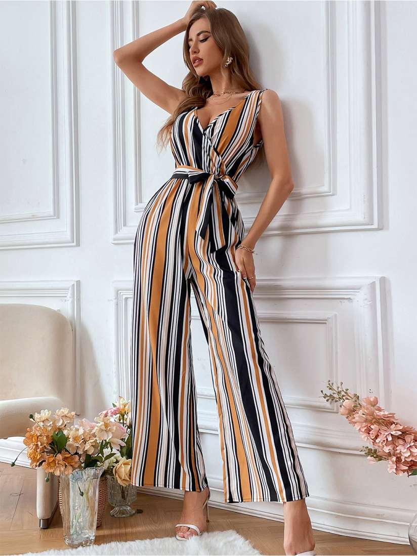 Buy StyleCast Black White Striped Sleeveless Waist Tie Up Basic Jumpsuit Jumpsuit for Women 25647312 Myntra