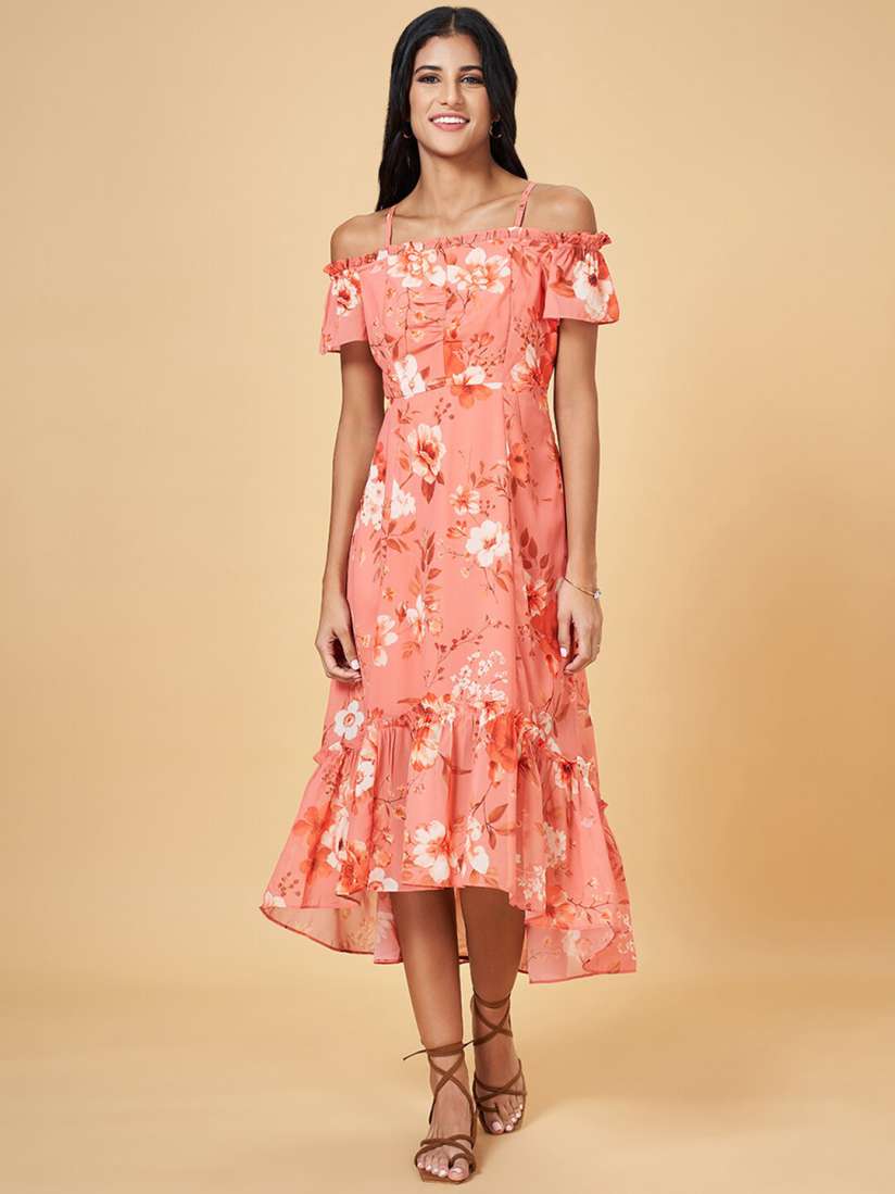 Open shoulder flounce flare dress sale