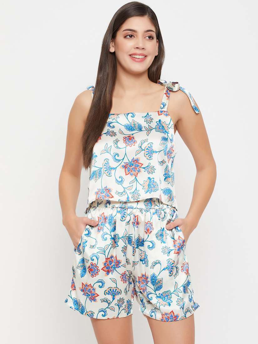 Buy Clovia Floral Printed Shoulder Strap Satin Top With Shorts Night suit Night suits for Women 25650484 Myntra
